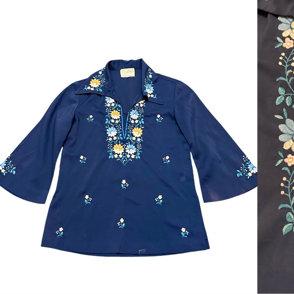 80s Vintage Floral Embroidered Deep V-Neck Butterfly Collar Hippie 70s Style Top